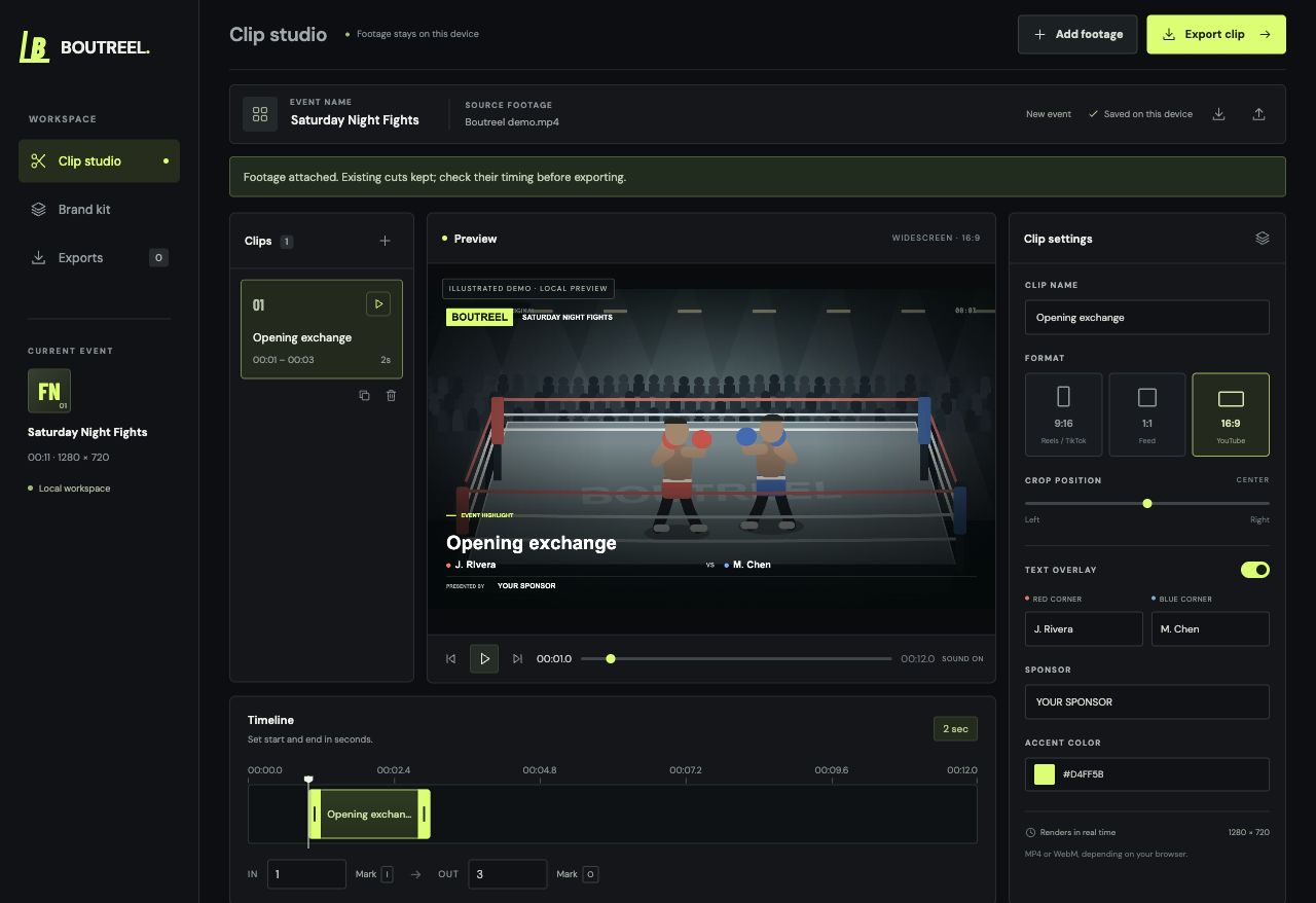 The clip editor with a clip list, fight preview, format and sponsor controls, and trimming timeline